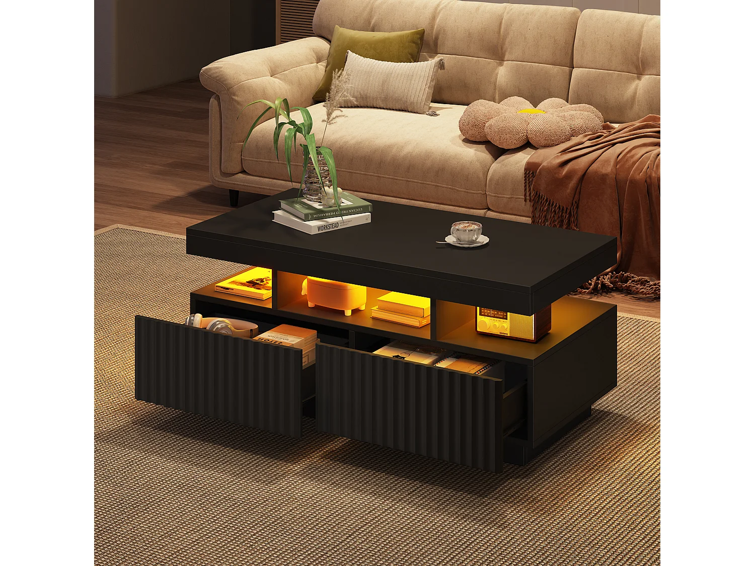 Wohnzimmer-Couchtisch – 100 x 50 x 45 cm – mit 2 Schubladen + LEDs – Spanplatte – schwarz