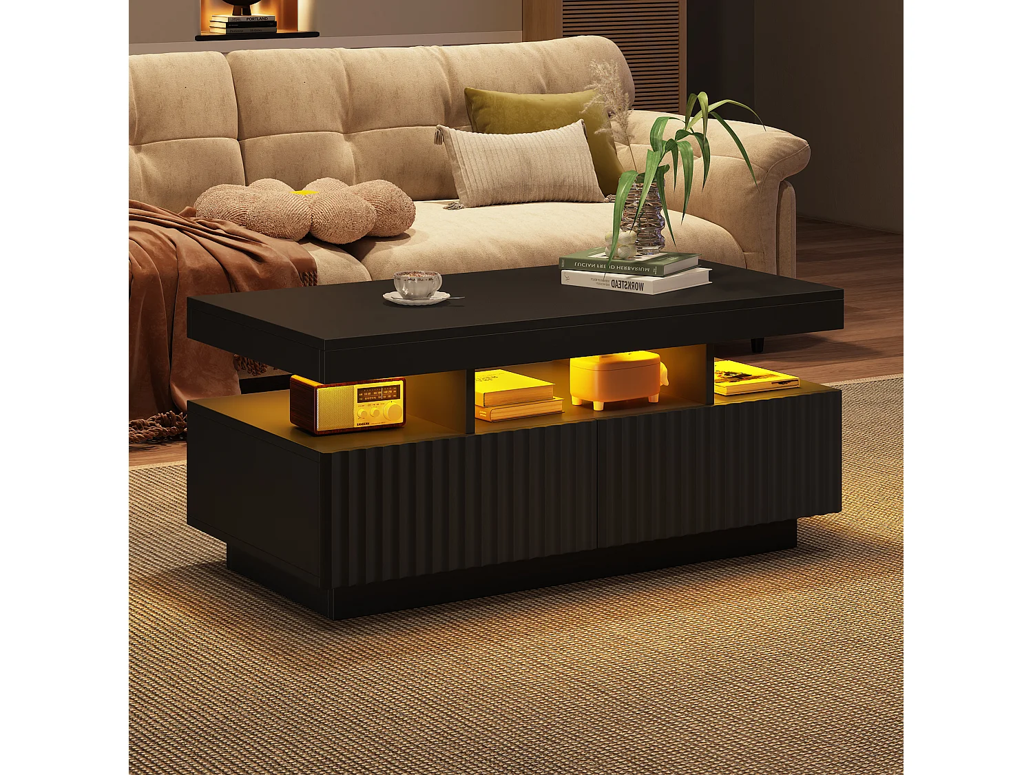 Wohnzimmer-Couchtisch – 100 x 50 x 45 cm – mit 2 Schubladen + LEDs – Spanplatte – schwarz