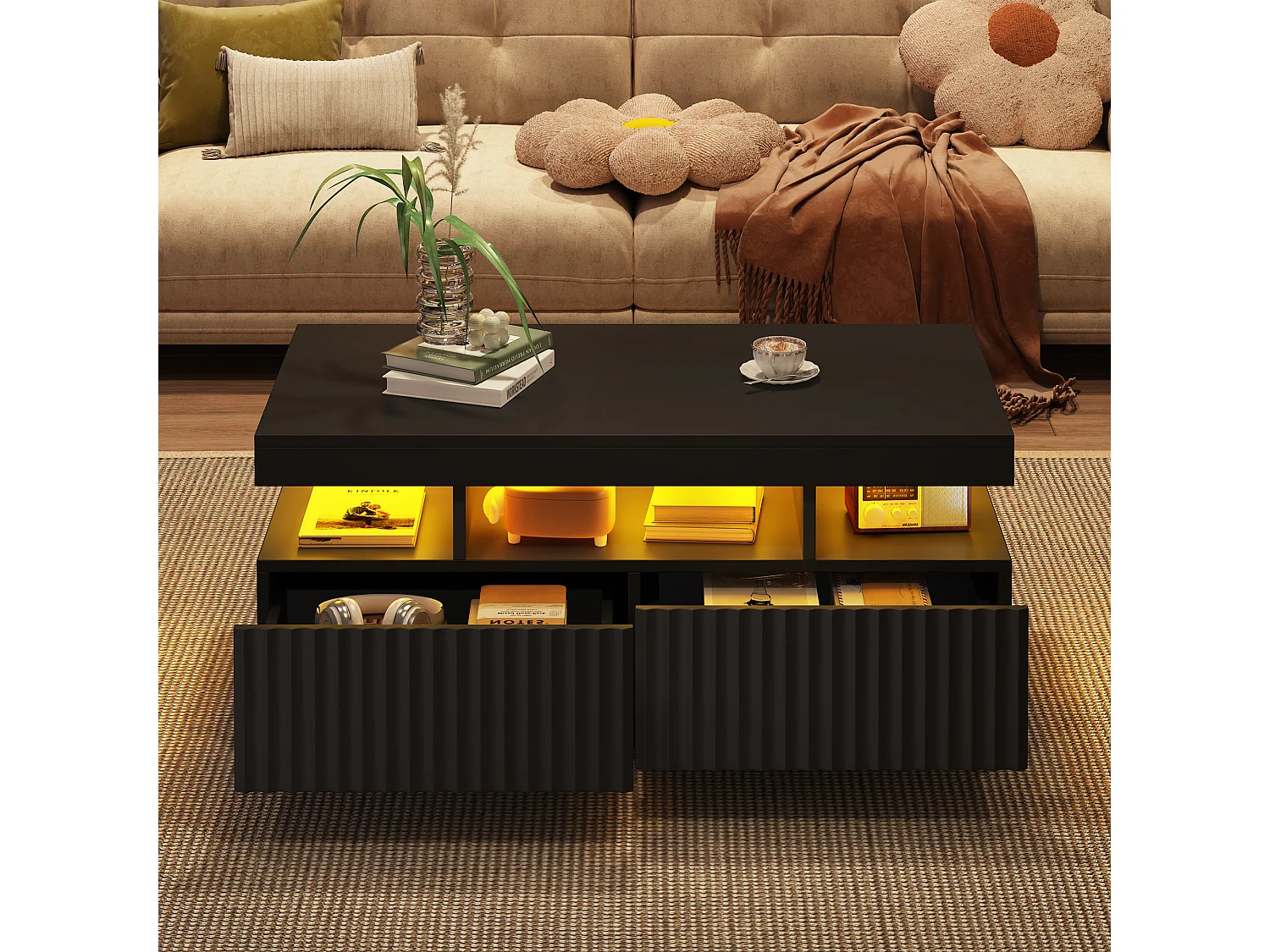 Wohnzimmer-Couchtisch – 100 x 50 x 45 cm – mit 2 Schubladen + LEDs – Spanplatte – schwarz