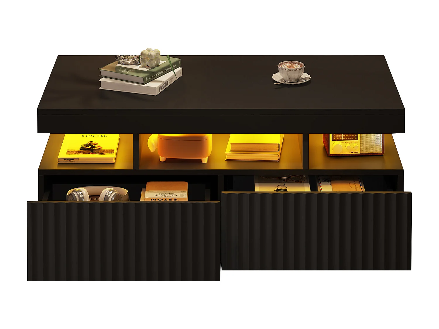 Wohnzimmer-Couchtisch – 100 x 50 x 45 cm – mit 2 Schubladen + LEDs – Spanplatte – schwarz