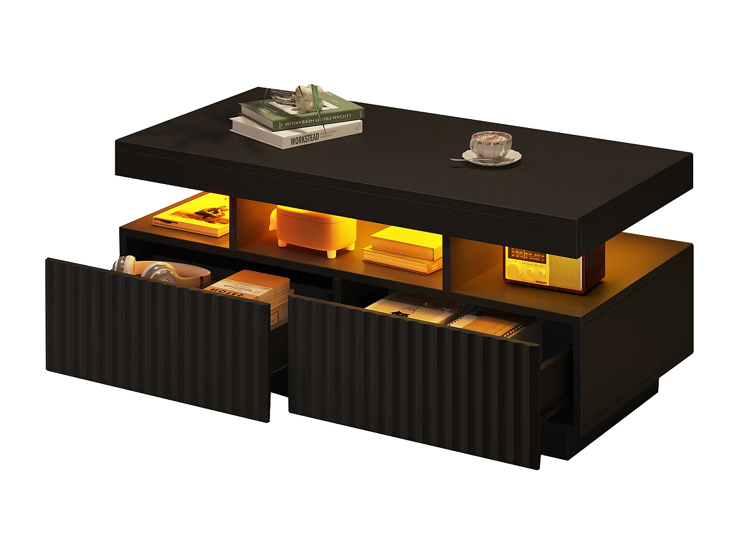 Wohnzimmer-Couchtisch – 100 x 50 x 45 cm – mit 2 Schubladen + LEDs – Spanplatte – schwarz