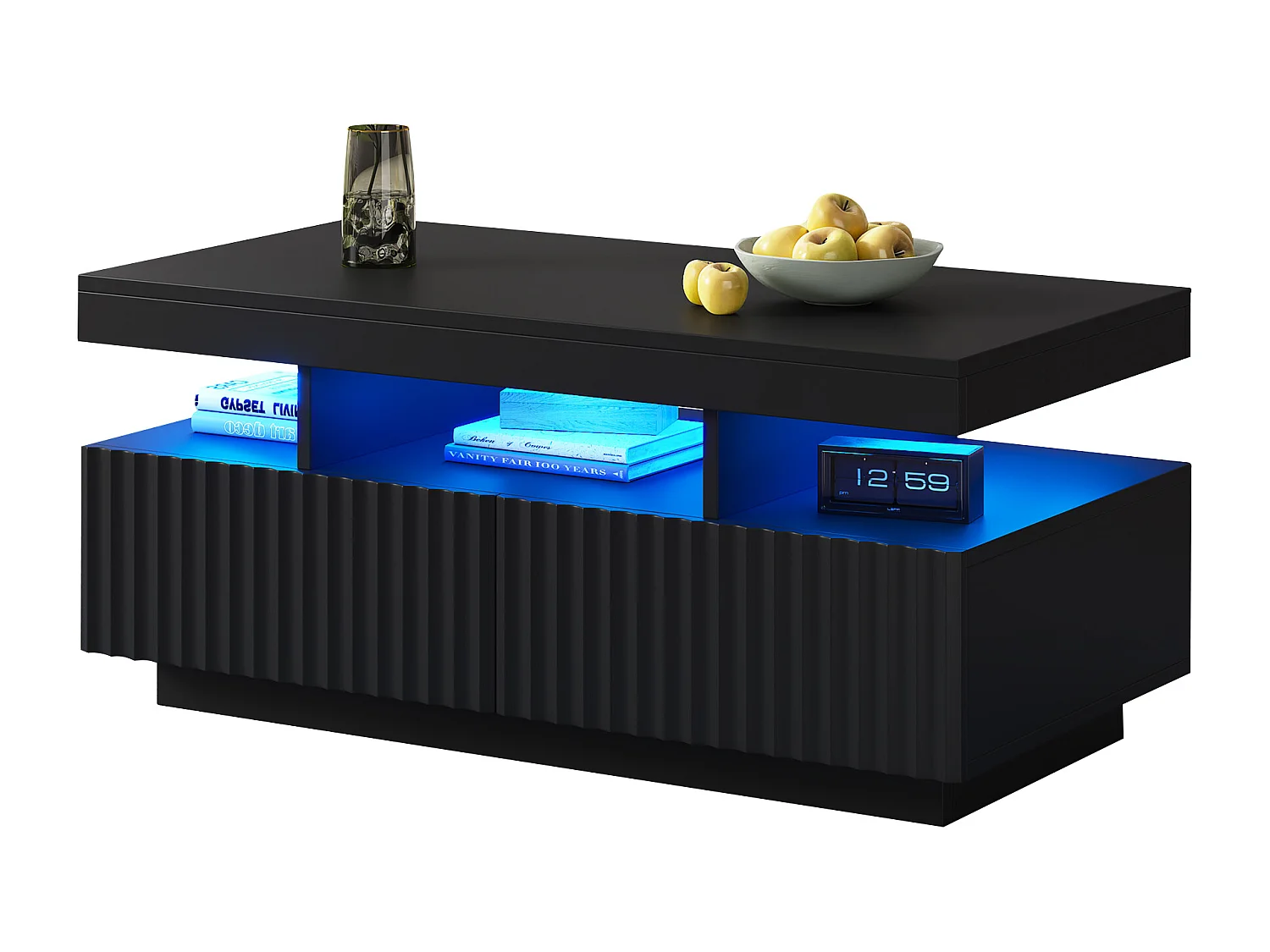 Wohnzimmer-Couchtisch – 100 x 50 x 45 cm – mit 2 Schubladen + LEDs – Spanplatte – schwarz