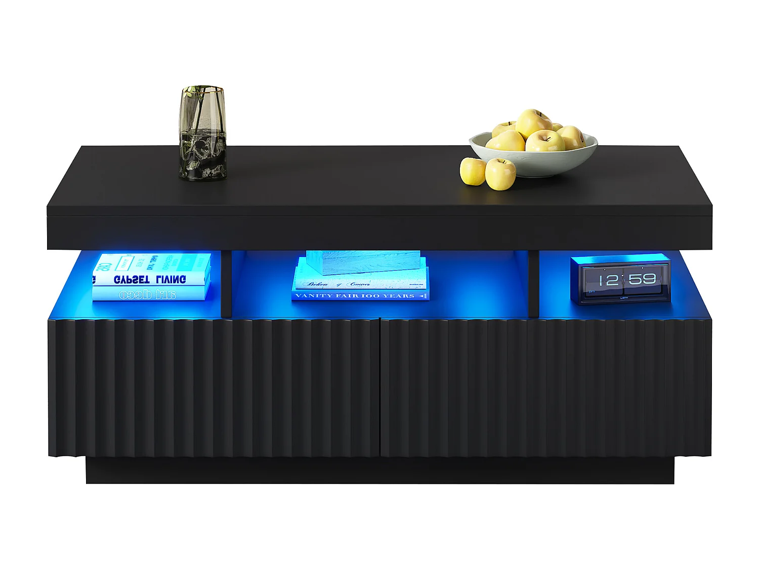 Wohnzimmer-Couchtisch – 100 x 50 x 45 cm – mit 2 Schubladen + LEDs – Spanplatte – schwarz