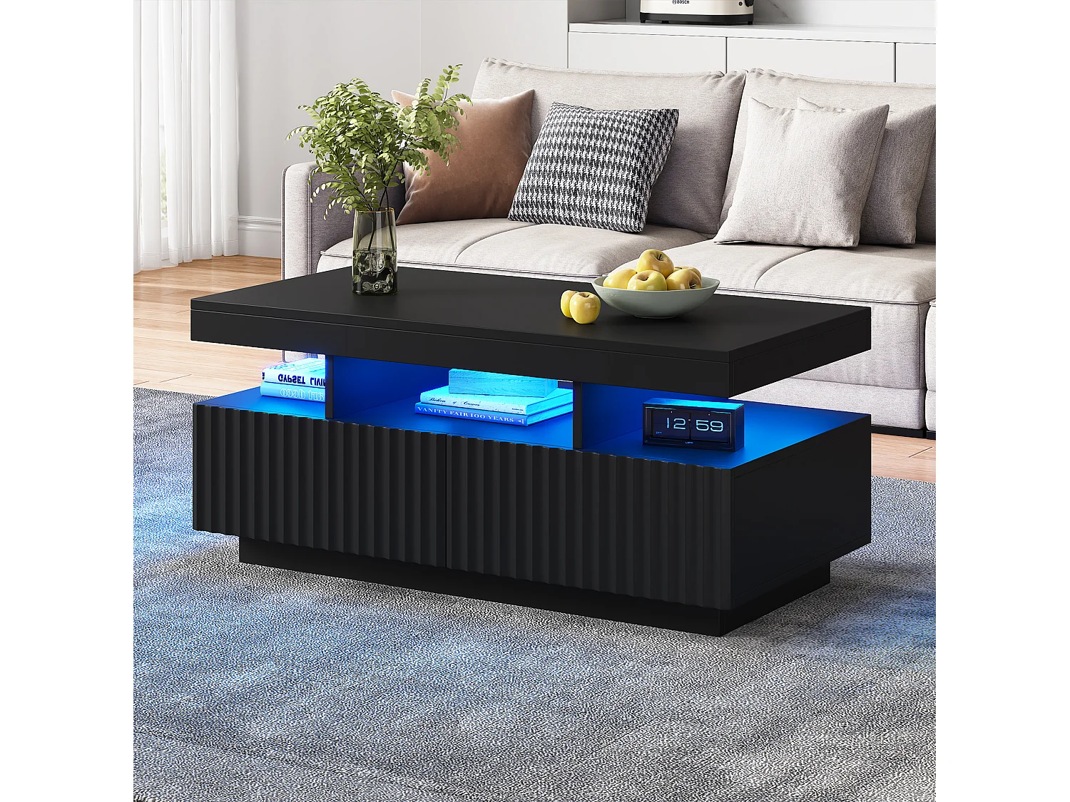 Table basse de salon - 100 x 50 x 45 cm - avec 2 tiroirs + Leds - aggloméré - noire