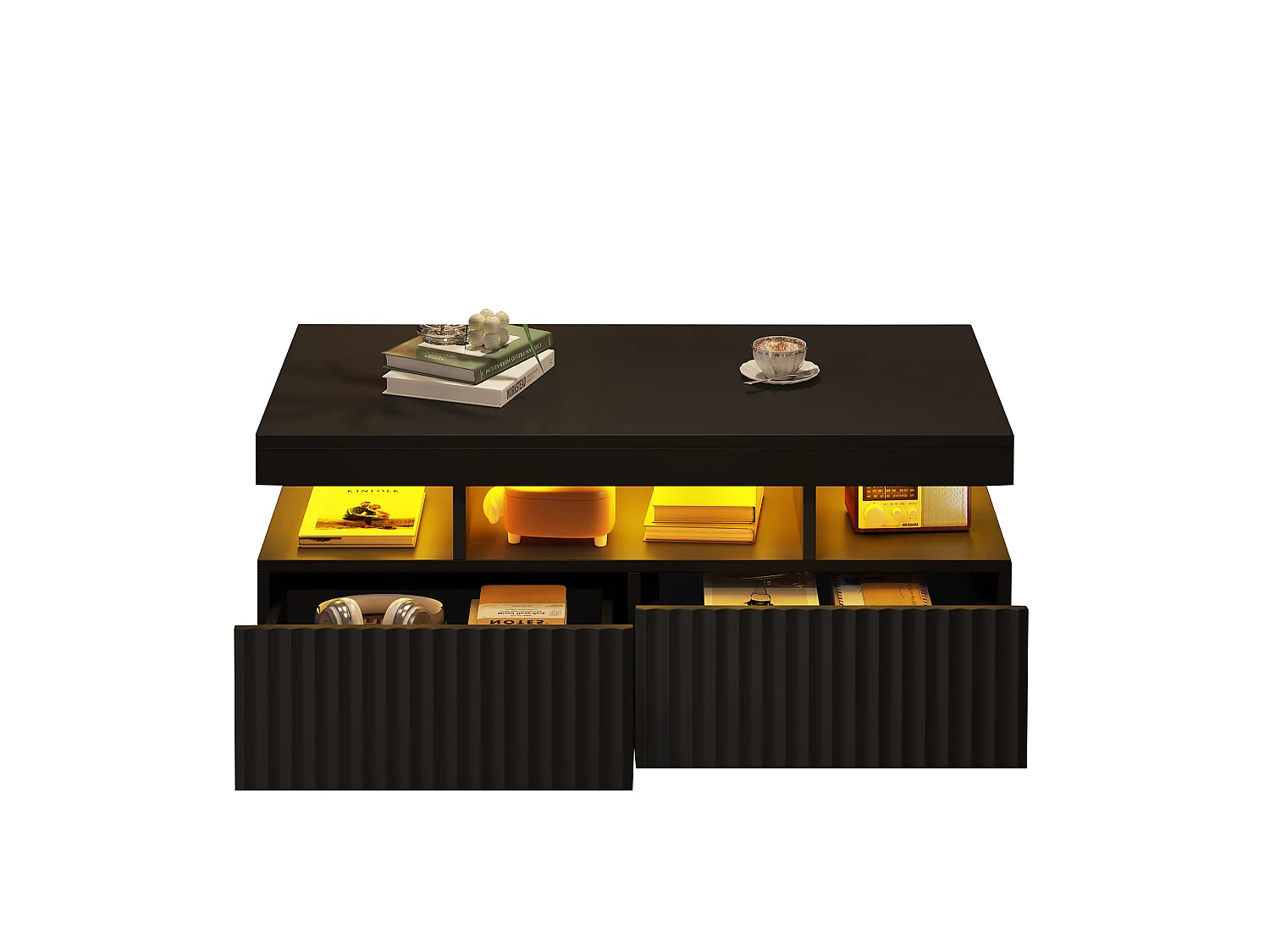 Table basse de salon - 100 x 50 x 45 cm - avec 2 tiroirs + Leds - aggloméré - noire