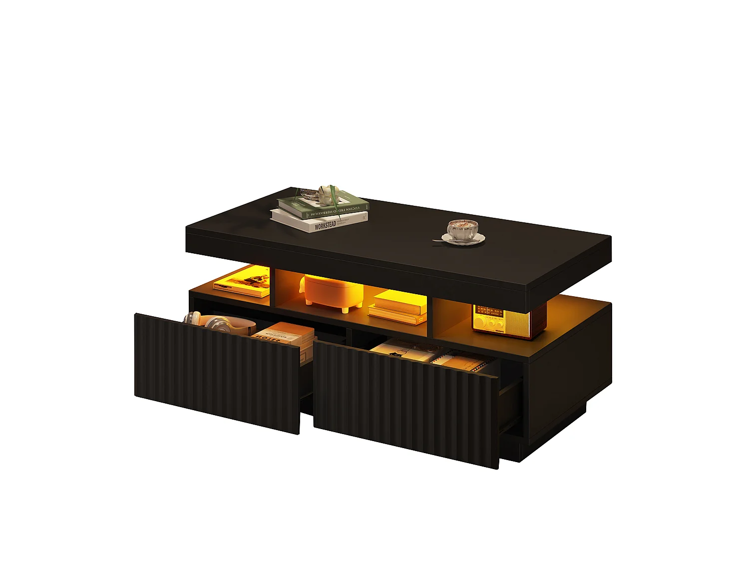 Table basse de salon - 100 x 50 x 45 cm - avec 2 tiroirs + Leds - aggloméré - noire