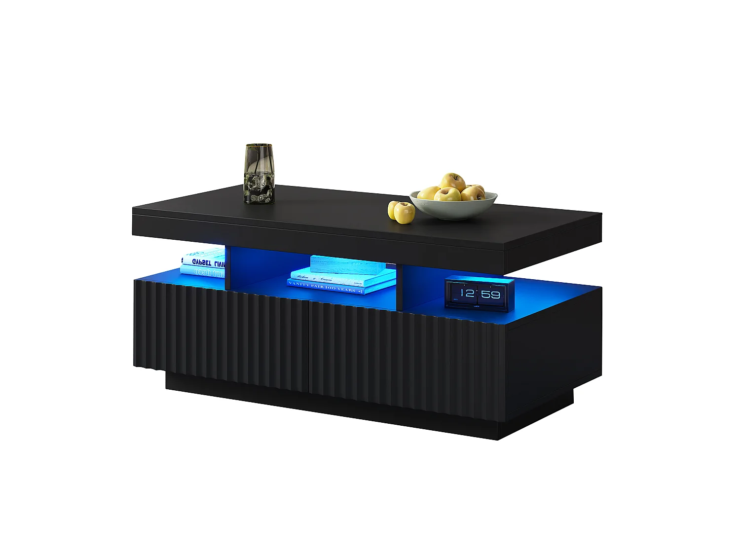 Table basse de salon - 100 x 50 x 45 cm - avec 2 tiroirs + Leds - aggloméré - noire