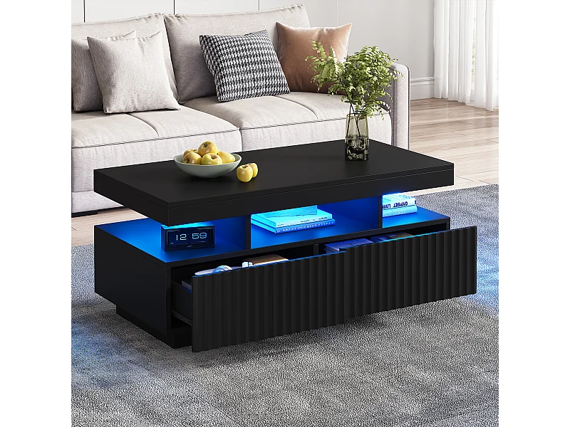 Wohnzimmer-Couchtisch – 100 x 50 x 45 cm – mit 2 Schubladen + LEDs – Spanplatte – schwarz