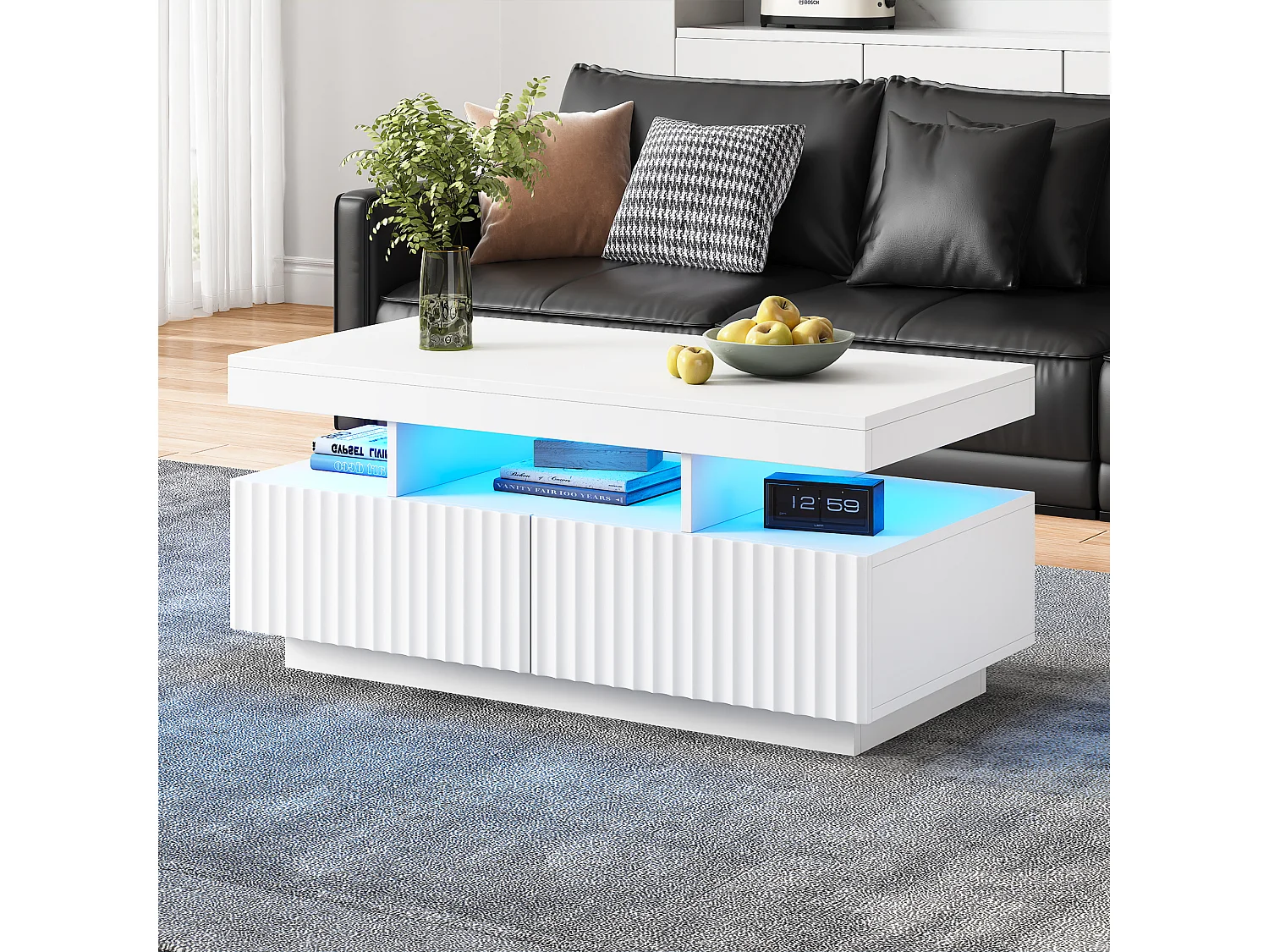 Wohnzimmer-Couchtisch – 100 x 50 x 45 cm – mit 2 Schubladen + LEDs – Spanplatte – weiß