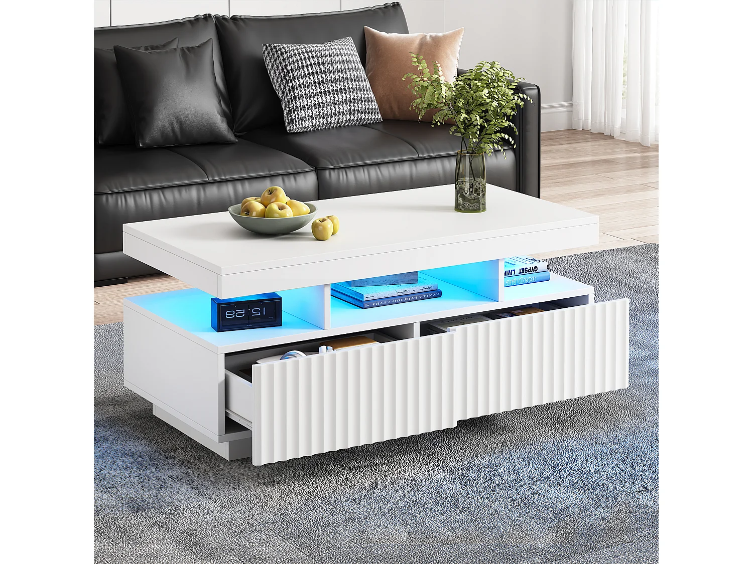 Wohnzimmer-Couchtisch – 100 x 50 x 45 cm – mit 2 Schubladen + LEDs – Spanplatte – weiß
