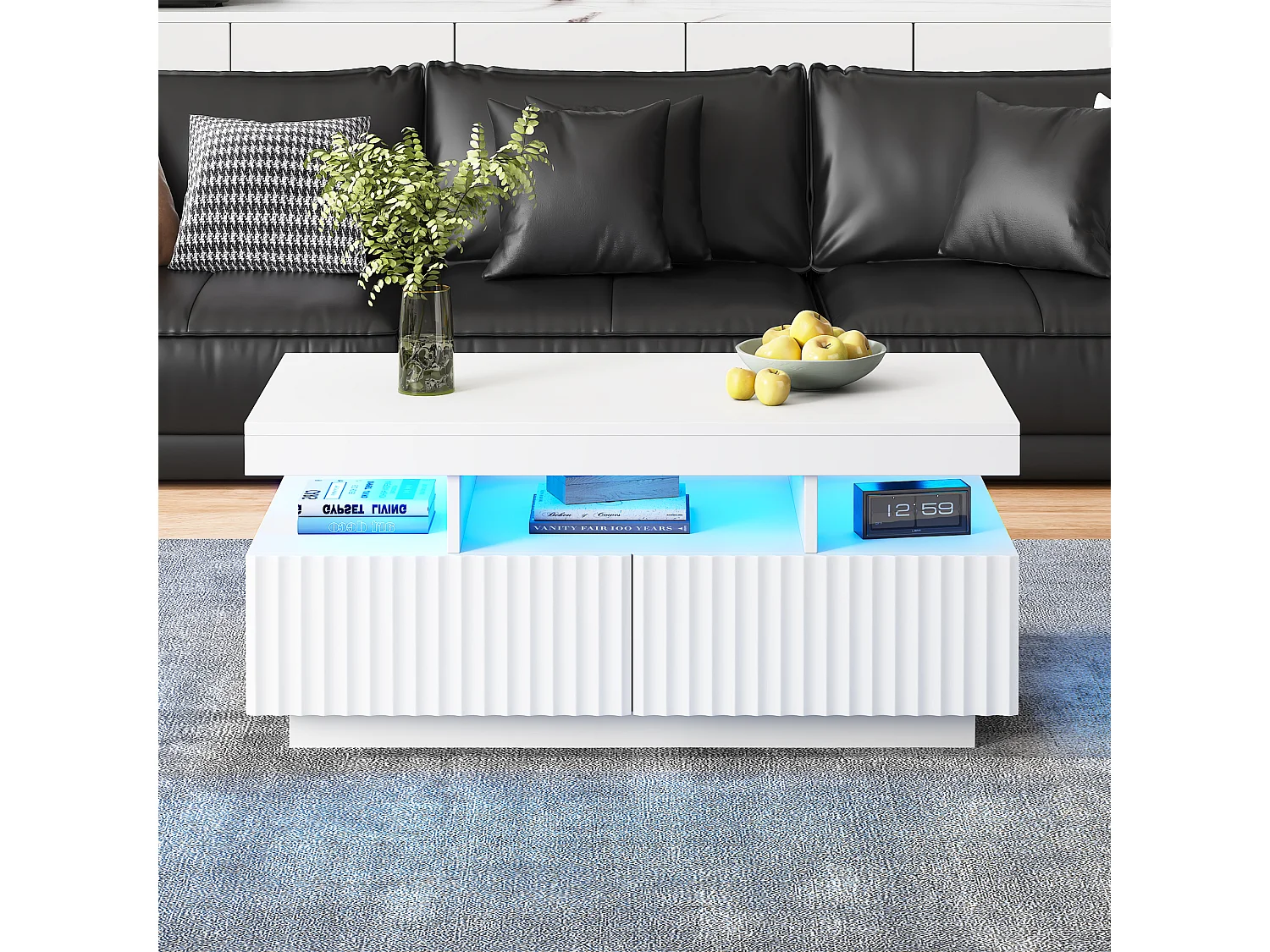 Wohnzimmer-Couchtisch – 100 x 50 x 45 cm – mit 2 Schubladen + LEDs – Spanplatte – weiß