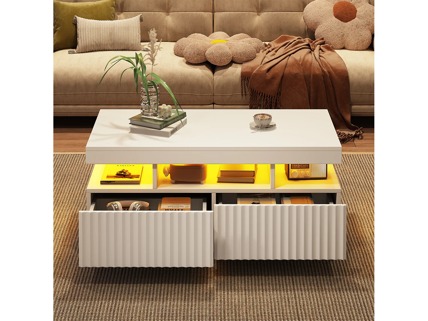 Wohnzimmer-Couchtisch – 100 x 50 x 45 cm – mit 2 Schubladen + LEDs – Spanplatte – weiß