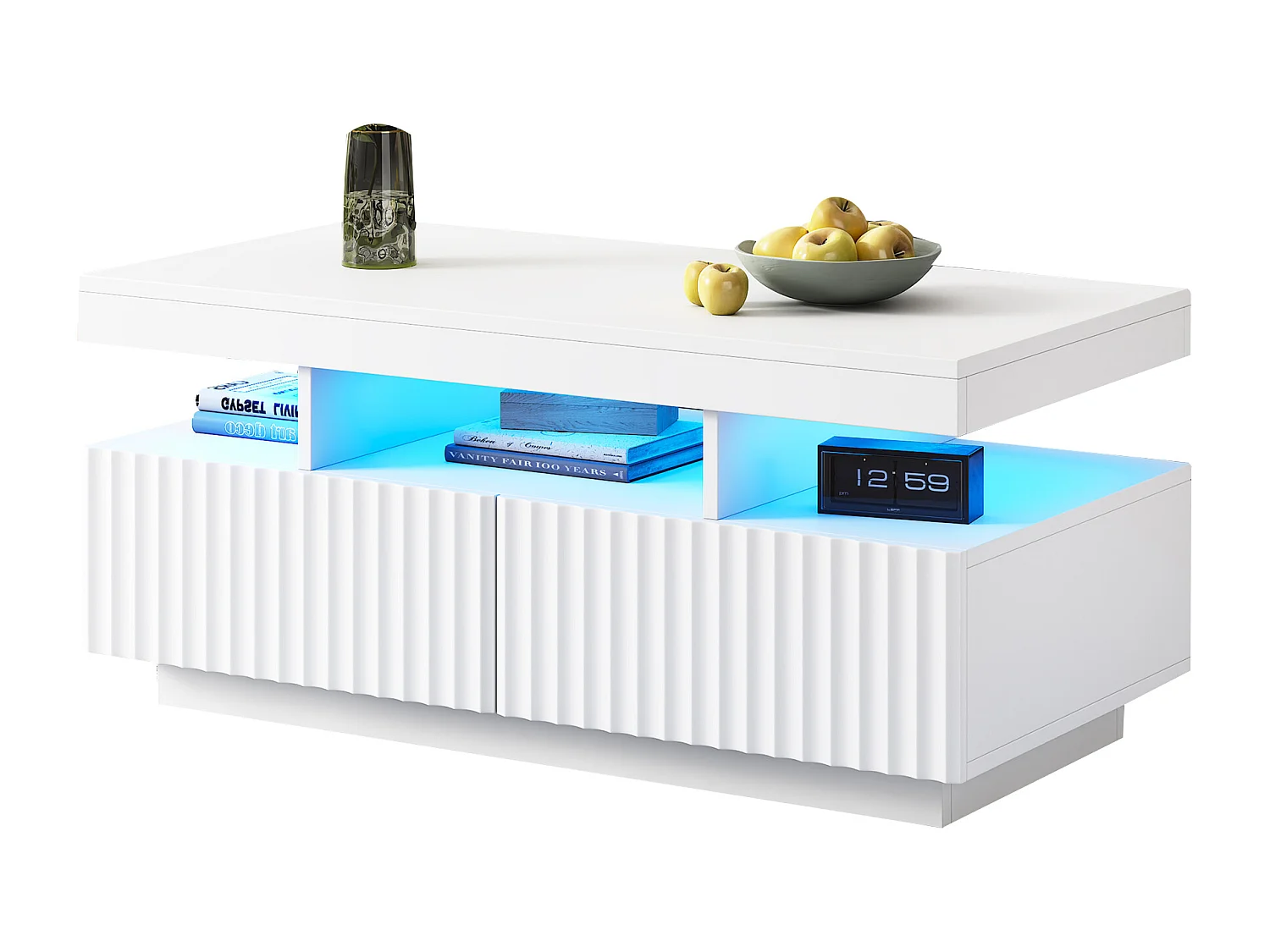 Wohnzimmer-Couchtisch – 100 x 50 x 45 cm – mit 2 Schubladen + LEDs – Spanplatte – weiß