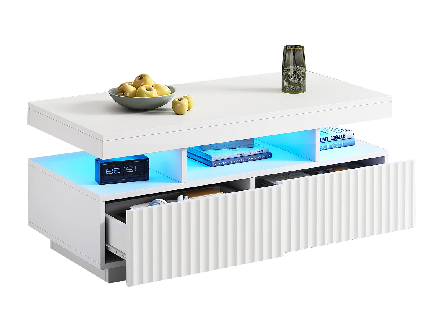 Wohnzimmer-Couchtisch – 100 x 50 x 45 cm – mit 2 Schubladen + LEDs – Spanplatte – weiß