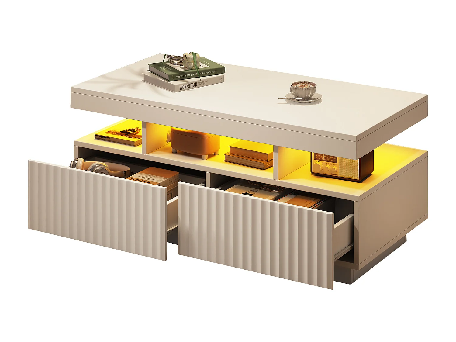 Wohnzimmer-Couchtisch – 100 x 50 x 45 cm – mit 2 Schubladen + LEDs – Spanplatte – weiß