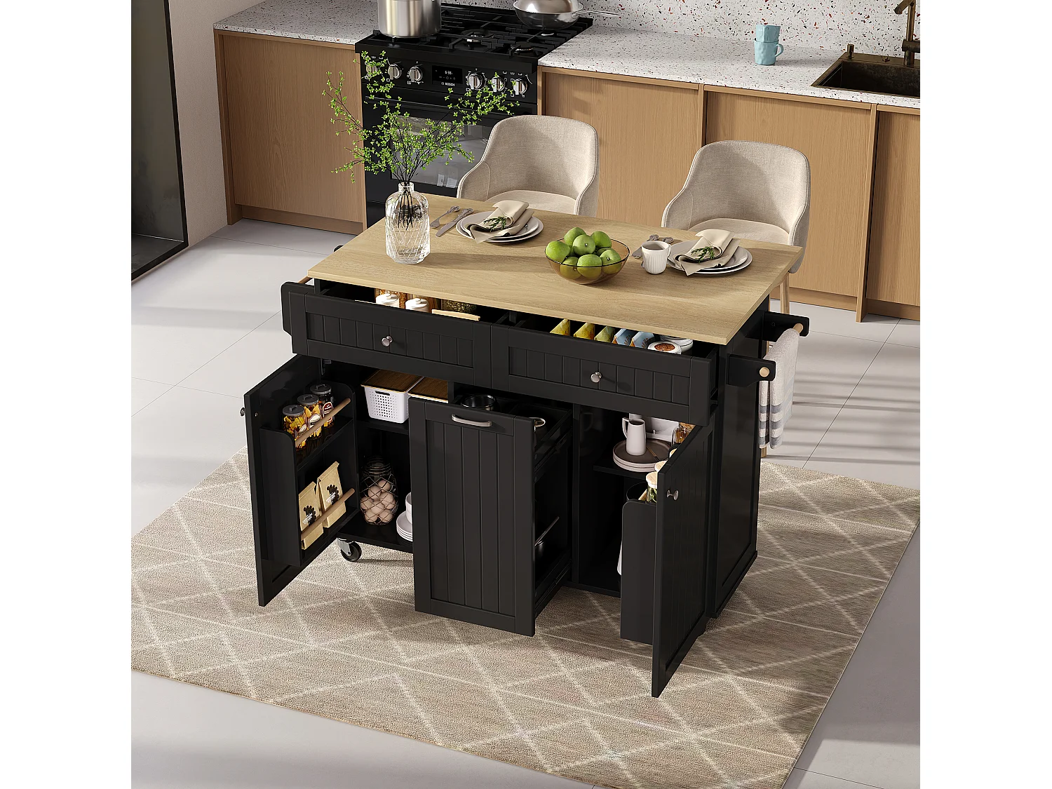 Îlot central mobile avec plan extensible + 2 tiroirs + 3 portes - 140 x 40/70 x 92 cm - MDF - noir