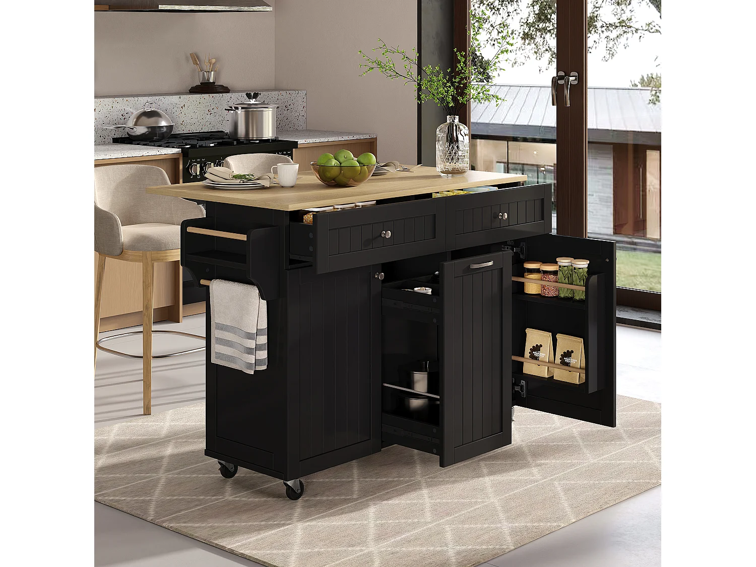 Îlot central mobile avec plan extensible + 2 tiroirs + 3 portes - 140 x 40/70 x 92 cm - MDF - noir