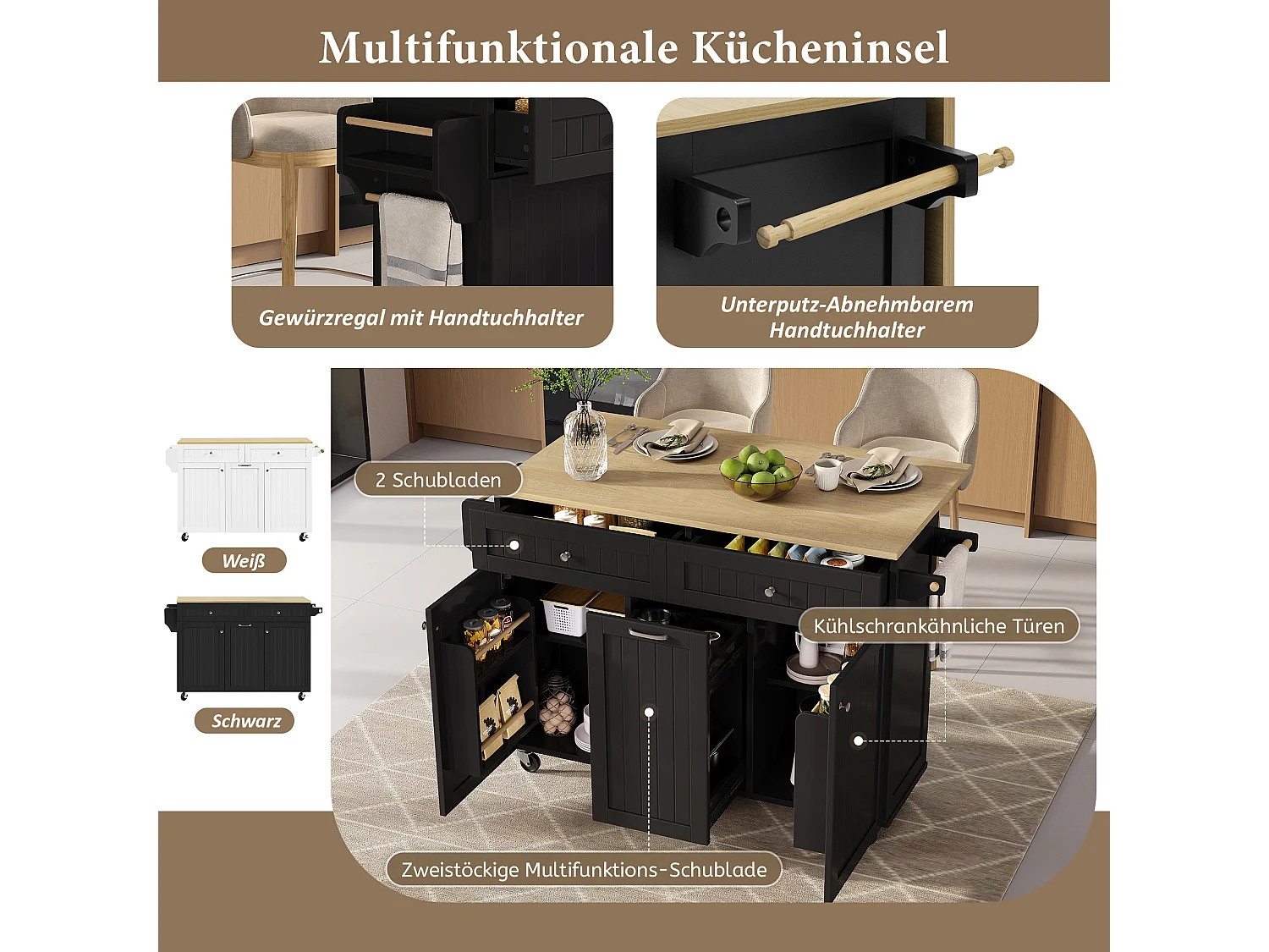 Îlot central mobile avec plan extensible + 2 tiroirs + 3 portes - 140 x 40/70 x 92 cm - MDF - noir