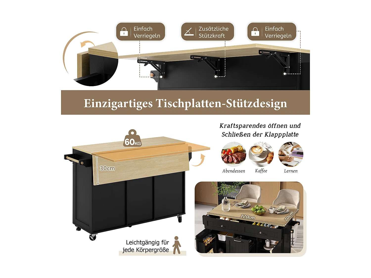 Îlot central mobile avec plan extensible + 2 tiroirs + 3 portes - 140 x 40/70 x 92 cm - MDF - noir