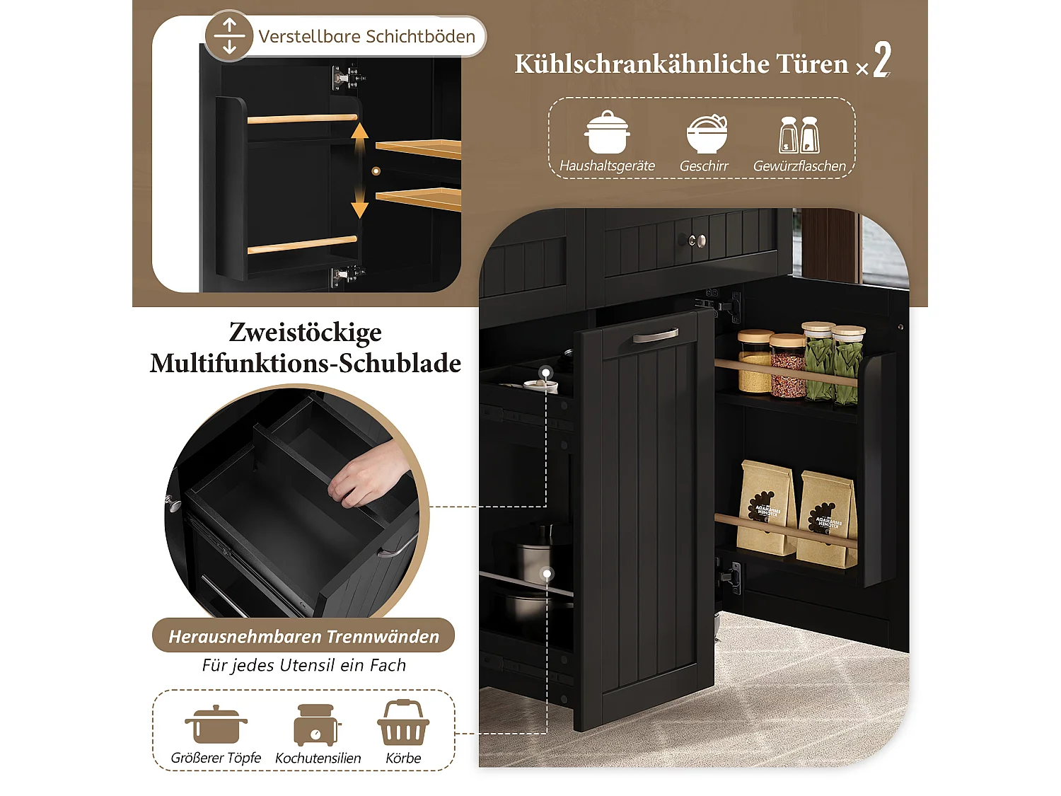 Îlot central mobile avec plan extensible + 2 tiroirs + 3 portes - 140 x 40/70 x 92 cm - MDF - noir