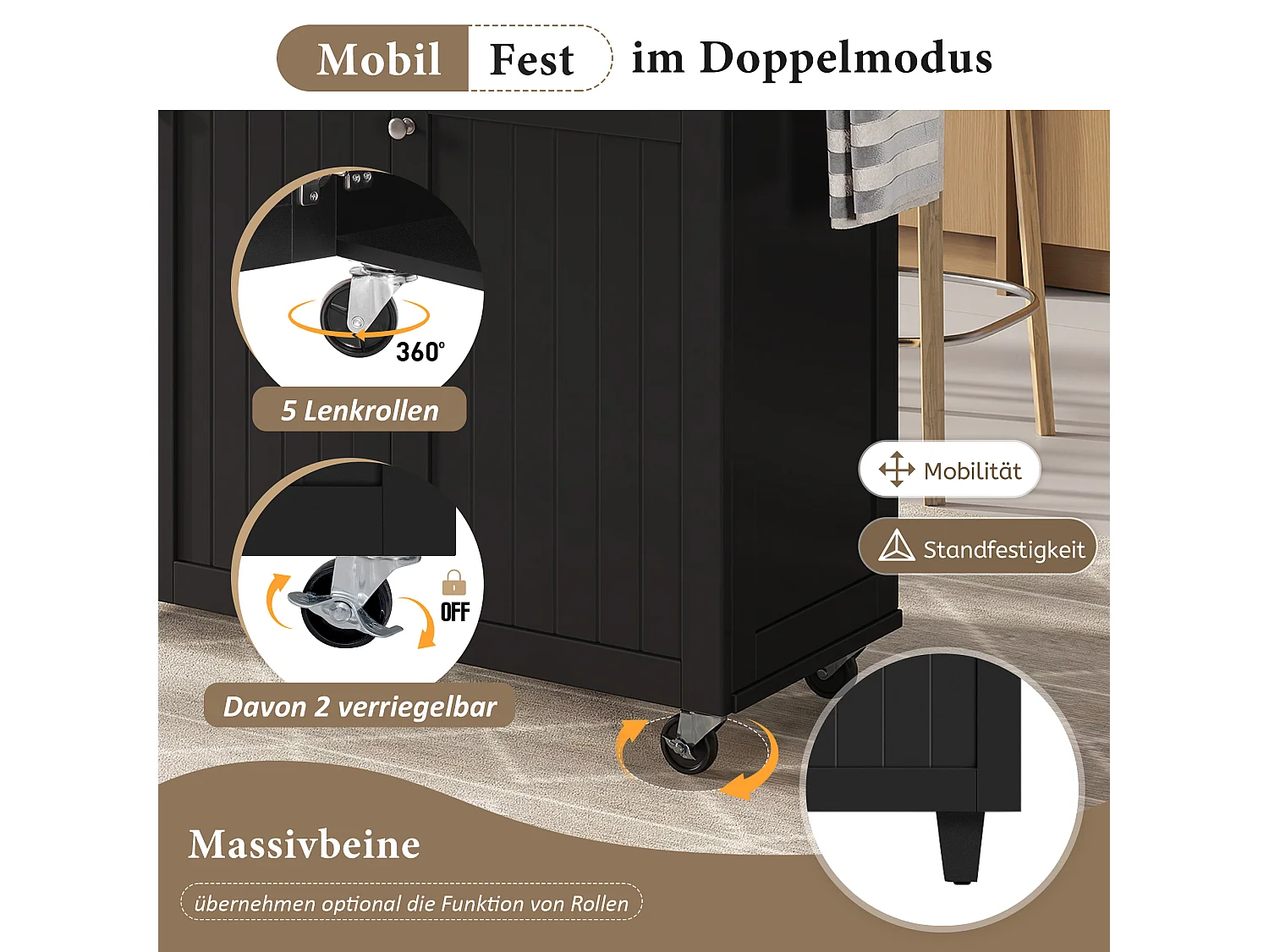 Îlot central mobile avec plan extensible + 2 tiroirs + 3 portes - 140 x 40/70 x 92 cm - MDF - noir