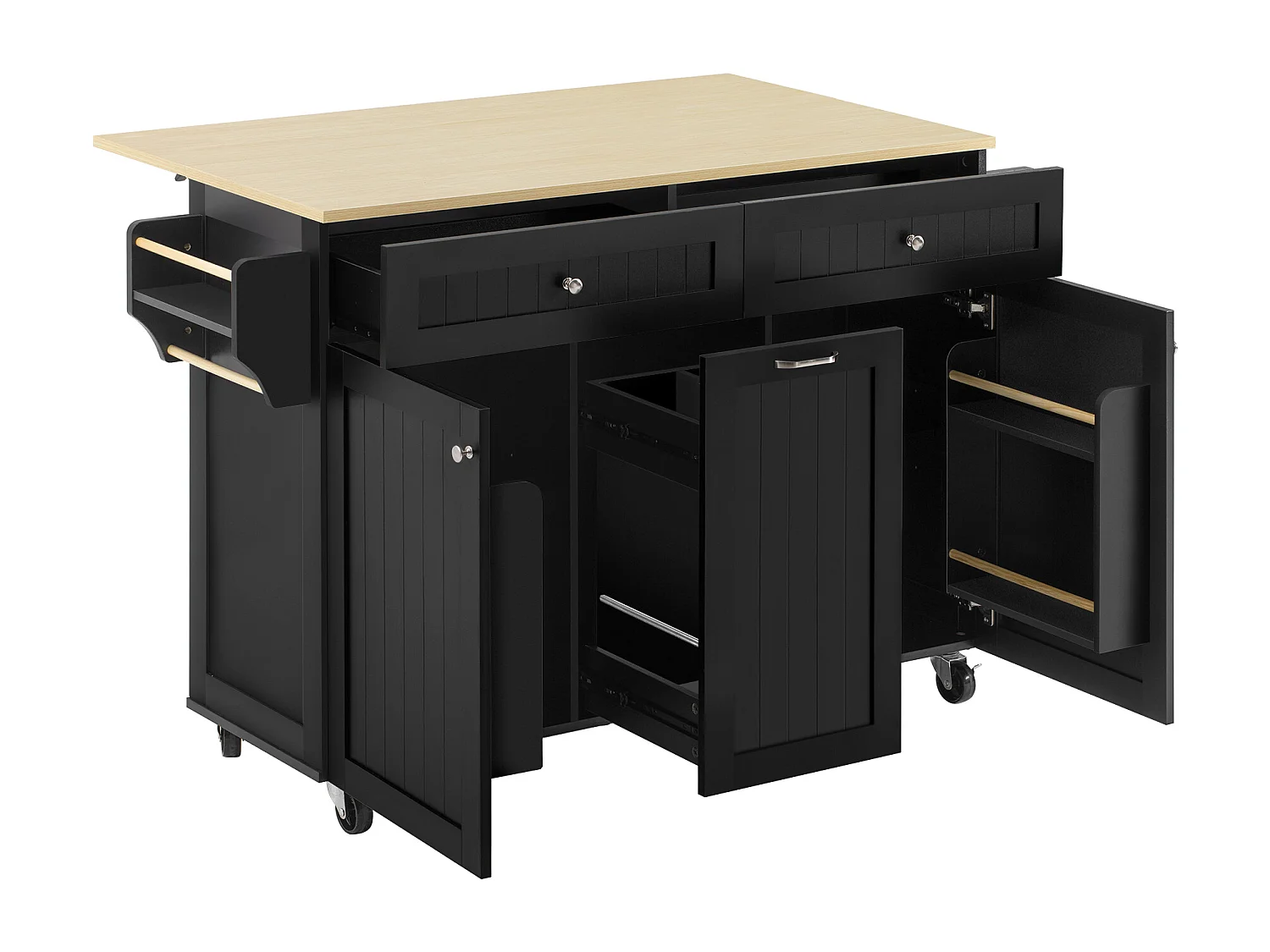 Îlot central mobile avec plan extensible + 2 tiroirs + 3 portes - 140 x 40/70 x 92 cm - MDF - noir