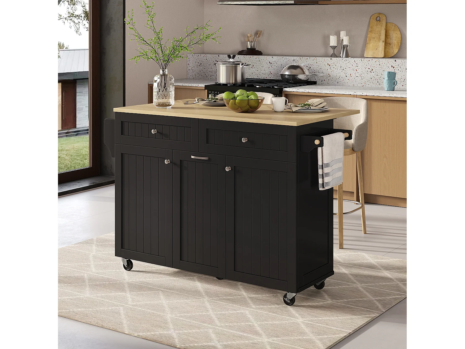 Îlot central mobile avec plan extensible + 2 tiroirs + 3 portes - 140 x 40/70 x 92 cm - MDF - noir