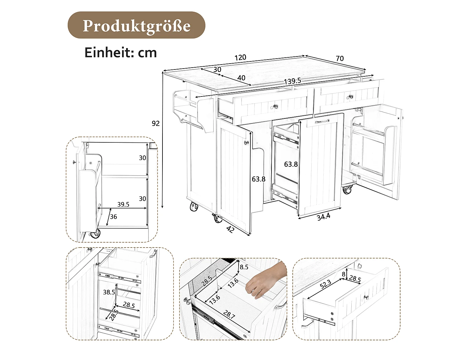 Îlot central mobile avec plan extensible + 2 tiroirs + 3 portes - 140 x 40/70 x 92 cm - MDF - noir