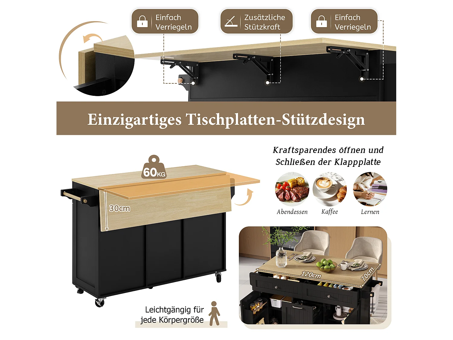Îlot central mobile avec plan extensible + 2 tiroirs + 3 portes - 140 x 40/70 x 92 cm - MDF - noir