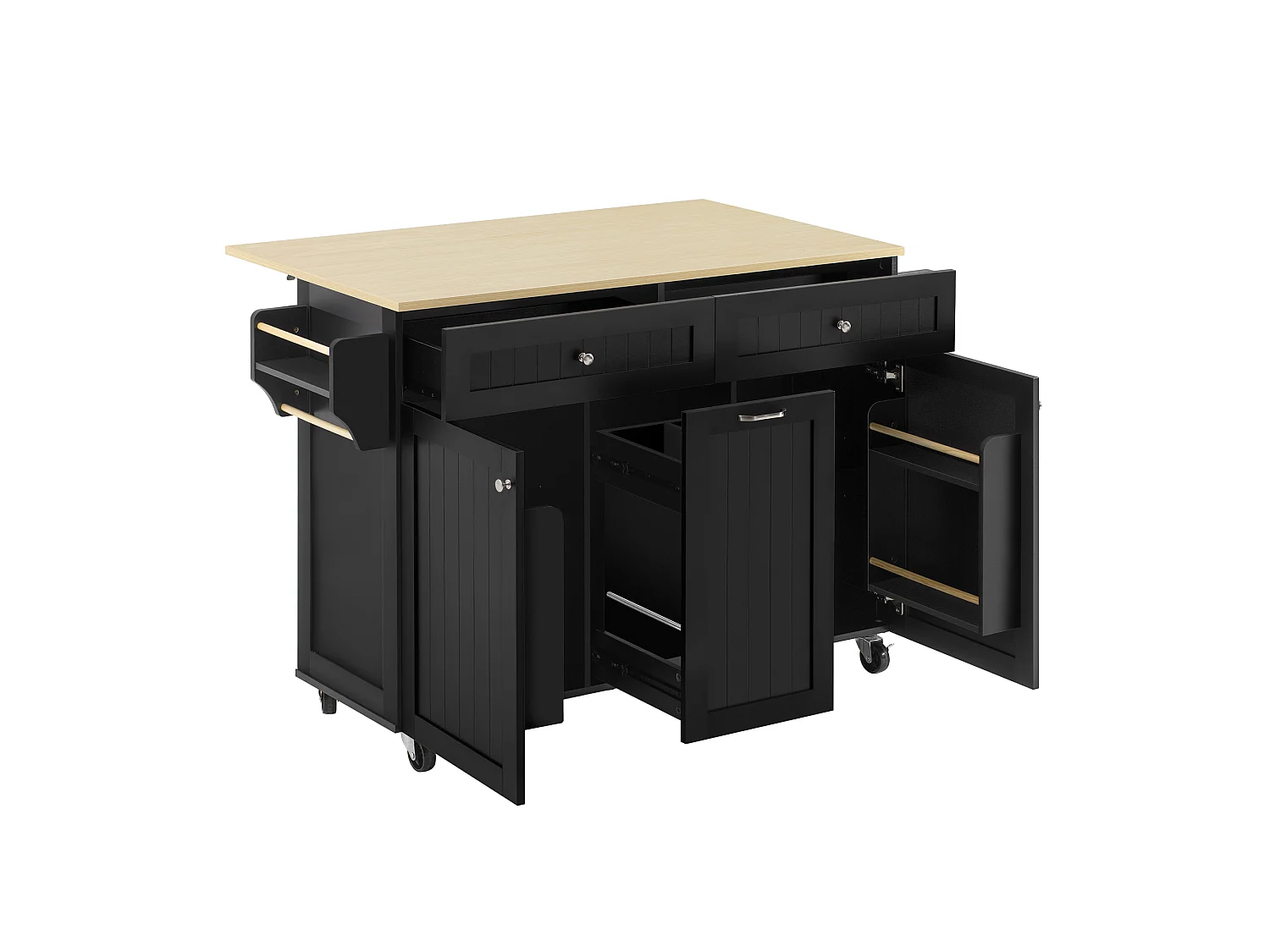 Îlot central mobile avec plan extensible + 2 tiroirs + 3 portes - 140 x 40/70 x 92 cm - MDF - noir