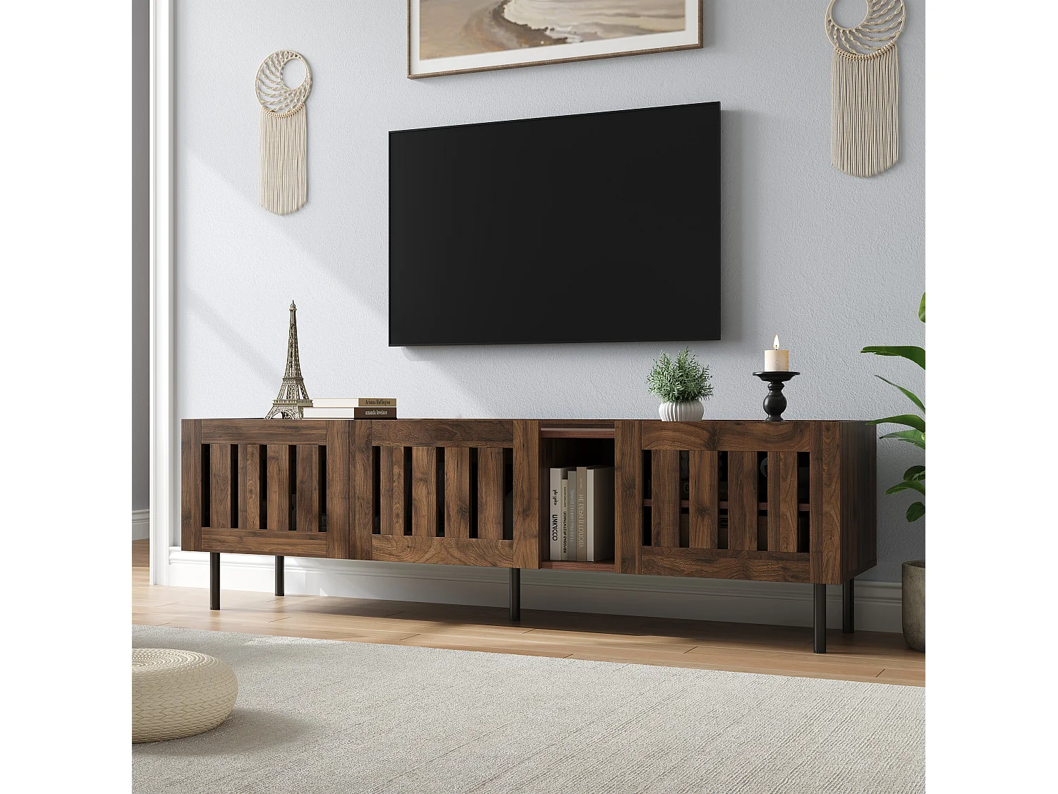 Minimalistischer, niedriger TV-Ständer – 160 x 40 x 47 cm – mit durchbrochenem Design und 3 Türen – für 65-Zoll-Fernseher – MDF – braun