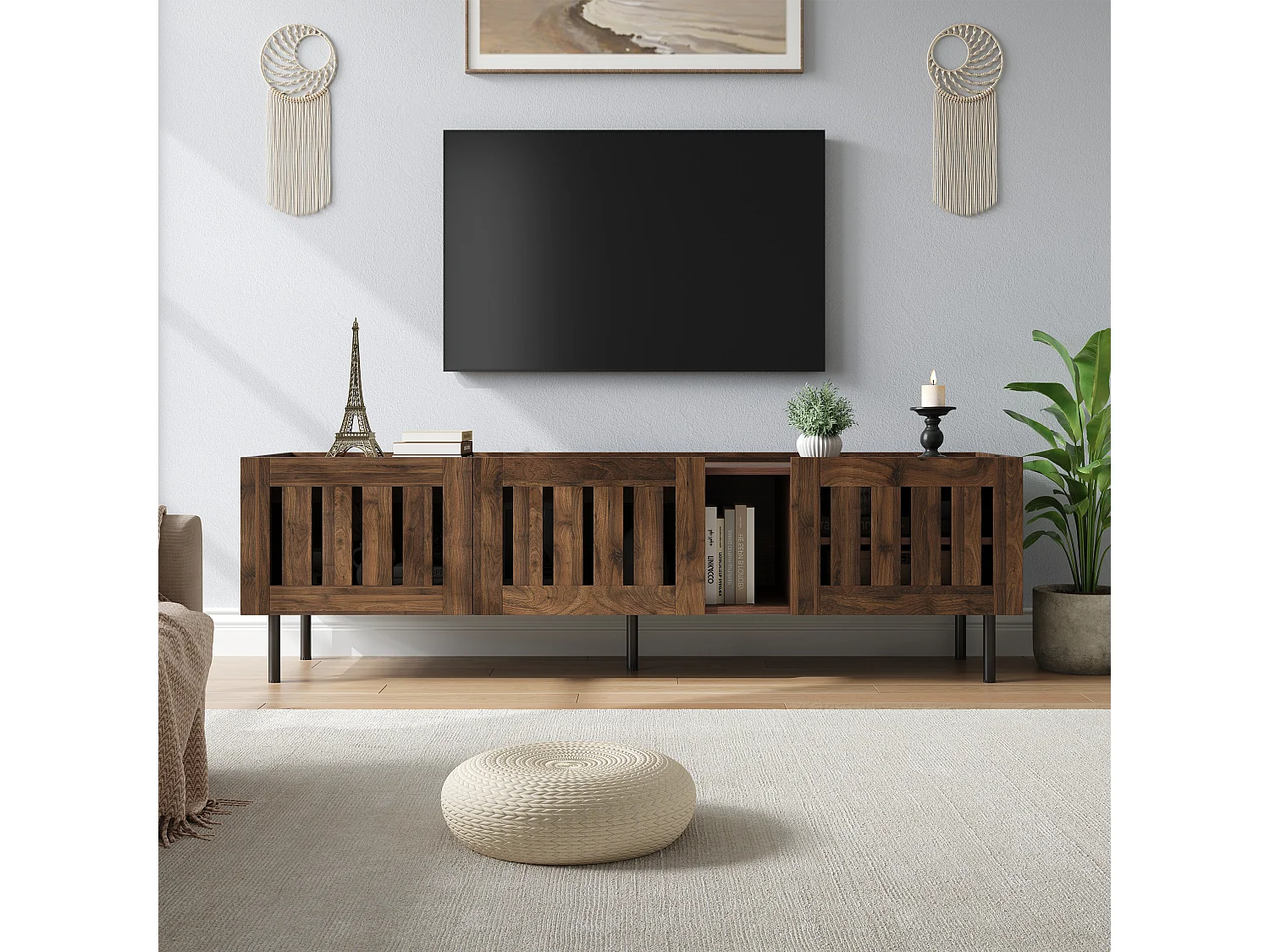 Minimalistischer, niedriger TV-Ständer – 160 x 40 x 47 cm – mit durchbrochenem Design und 3 Türen – für 65-Zoll-Fernseher – MDF – braun