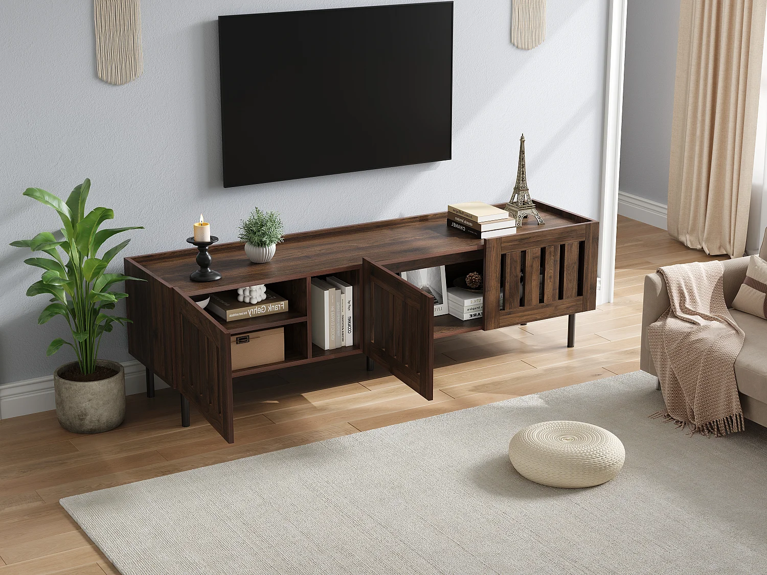 Minimalistischer, niedriger TV-Ständer – 160 x 40 x 47 cm – mit durchbrochenem Design und 3 Türen – für 65-Zoll-Fernseher – MDF – braun