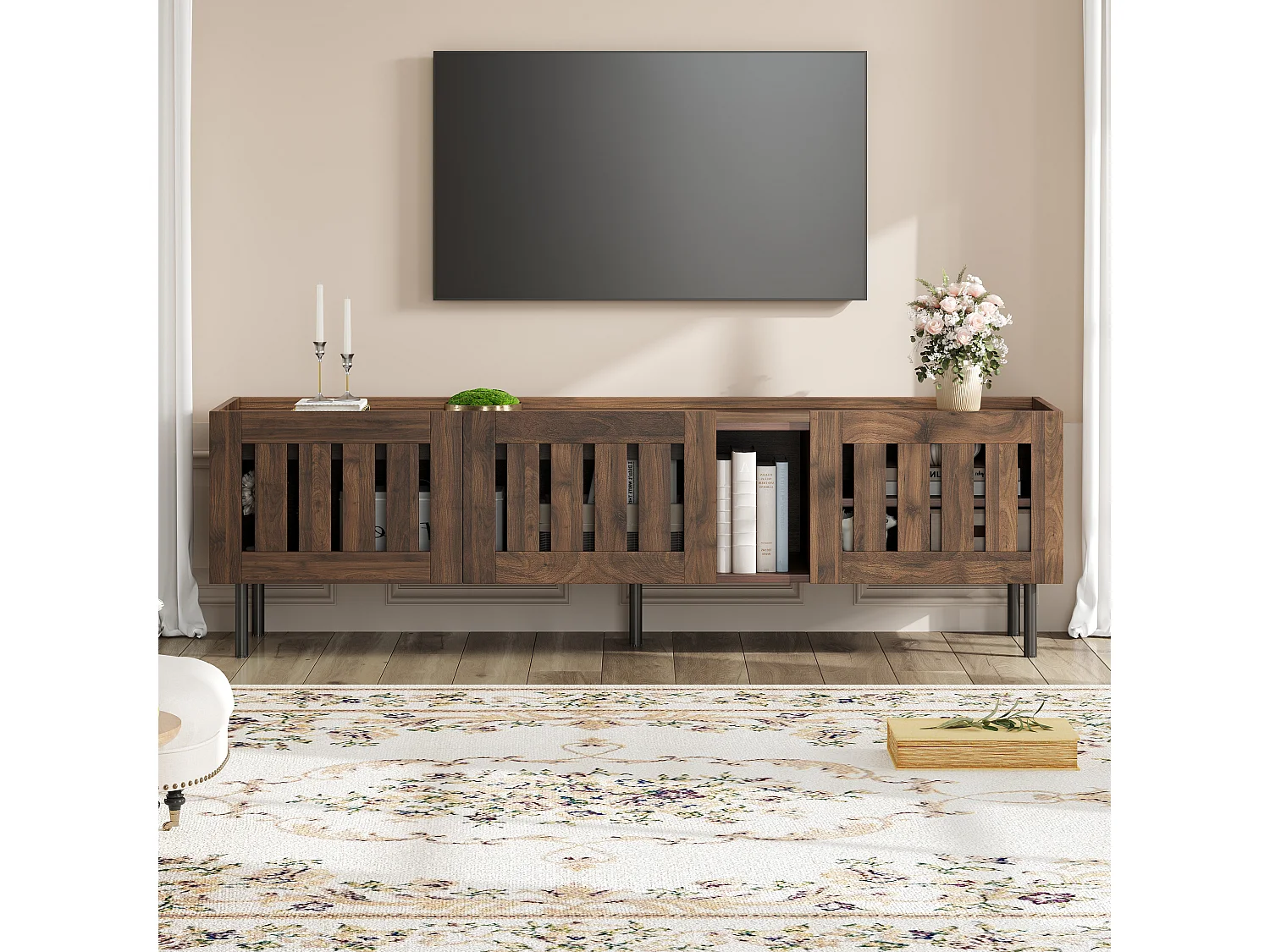 Minimalistischer, niedriger TV-Ständer – 160 x 40 x 47 cm – mit durchbrochenem Design und 3 Türen – für 65-Zoll-Fernseher – MDF – braun