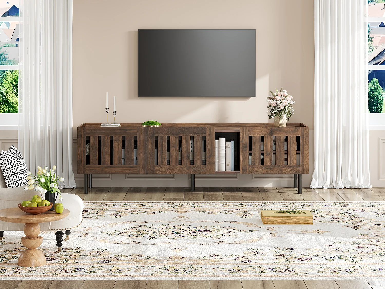 Minimalistischer, niedriger TV-Ständer – 160 x 40 x 47 cm – mit durchbrochenem Design und 3 Türen – für 65-Zoll-Fernseher – MDF – braun