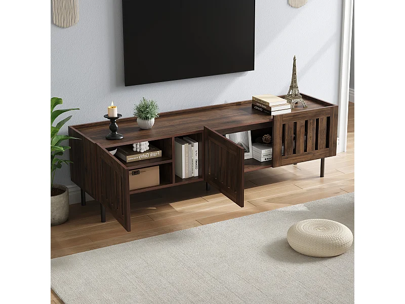 Minimalistischer, niedriger TV-Ständer – 160 x 40 x 47 cm – mit durchbrochenem Design und 3 Türen – für 65-Zoll-Fernseher – MDF – braun