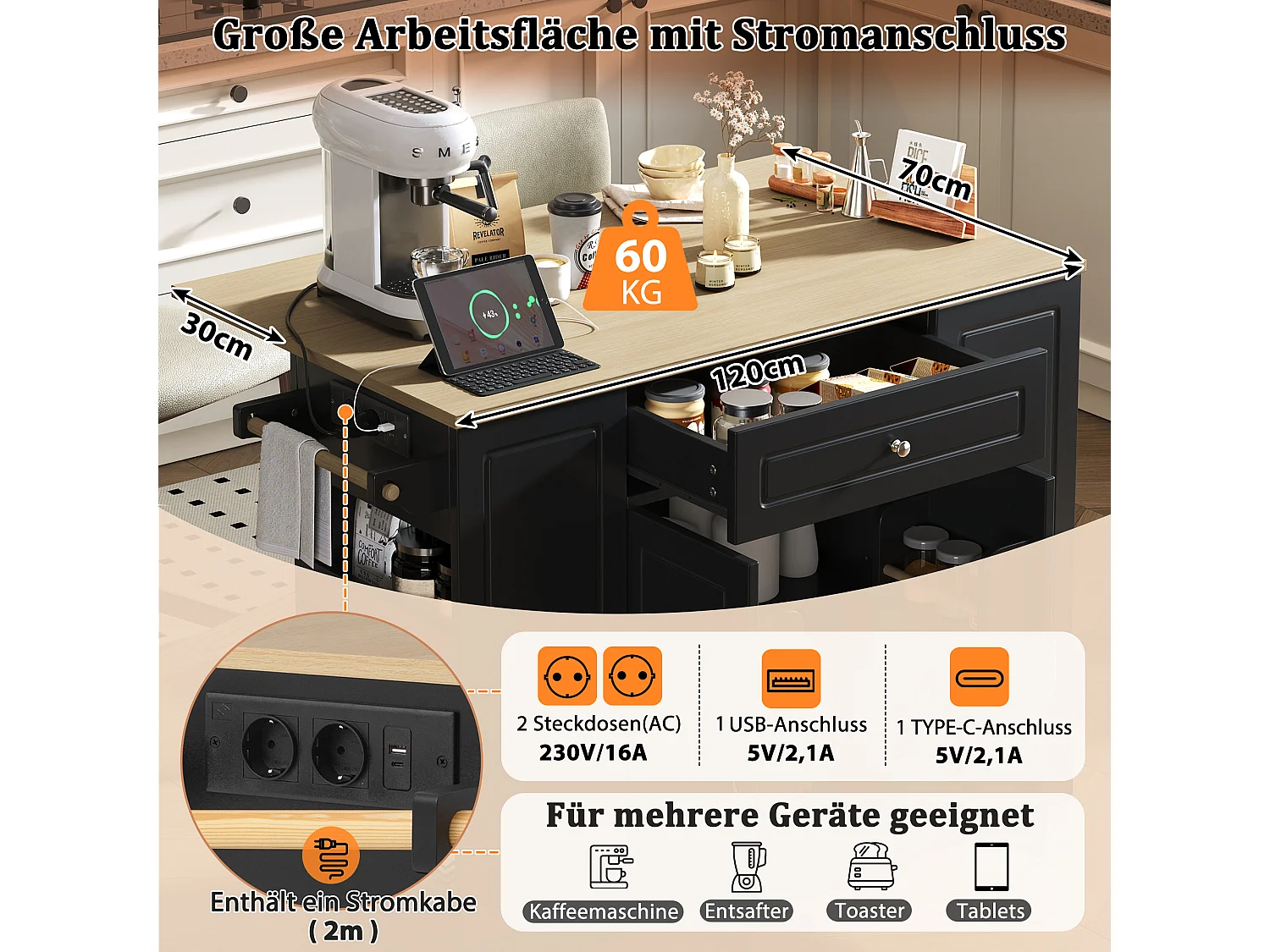 Kücheninsel mit ausziehbarer Essfläche, Schubladen und 2 Türen – 131,8 x 40/70 x 93,9 cm – MDF – schwarz