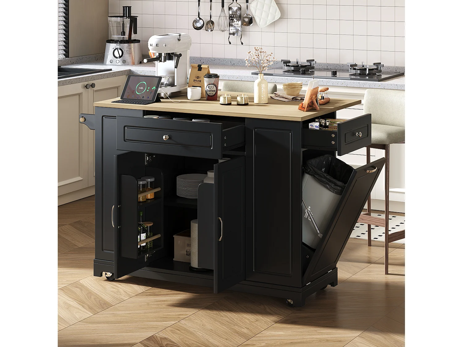 Îlot de cuisine avec espace repas extensible + tiroirs + 2 portes - 131.8 x 40/70 x 93.9 cm - MDF - noir