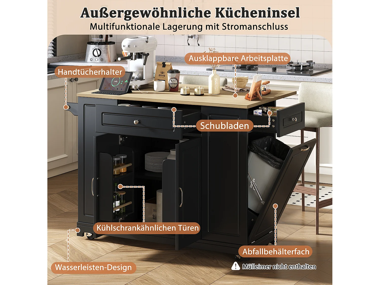 Îlot de cuisine avec espace repas extensible + tiroirs + 2 portes - 131.8 x 40/70 x 93.9 cm - MDF - noir