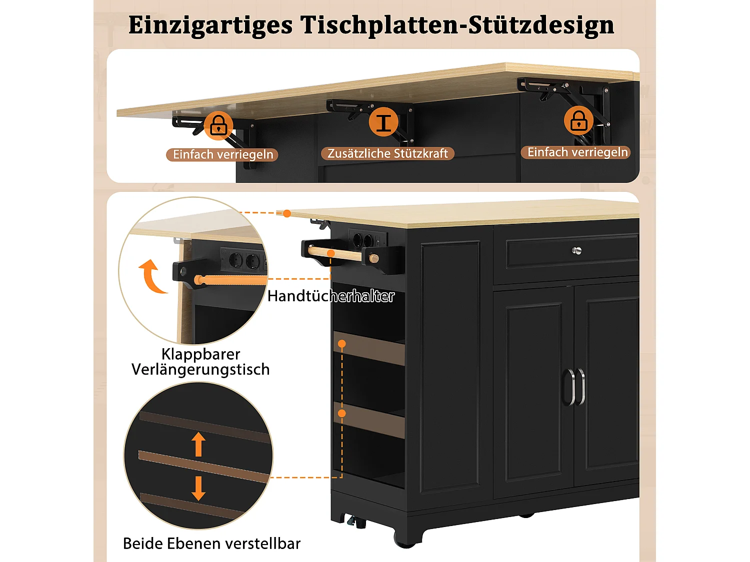 Îlot de cuisine avec espace repas extensible + tiroirs + 2 portes - 131.8 x 40/70 x 93.9 cm - MDF - noir