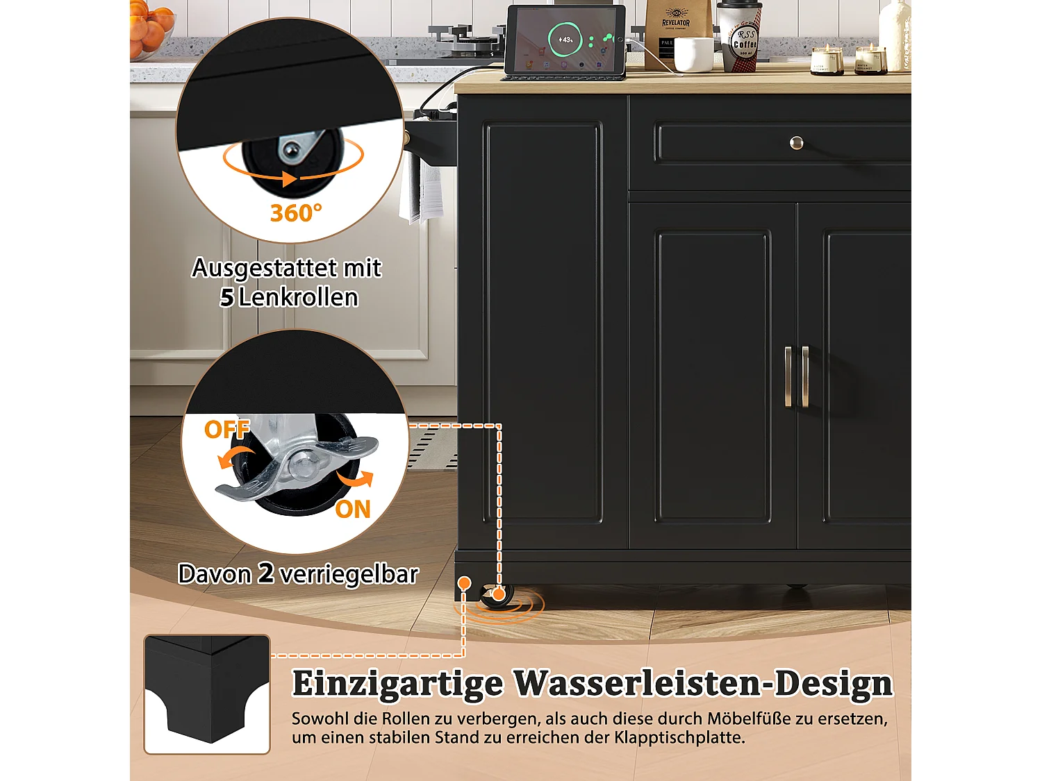 Îlot de cuisine avec espace repas extensible + tiroirs + 2 portes - 131.8 x 40/70 x 93.9 cm - MDF - noir