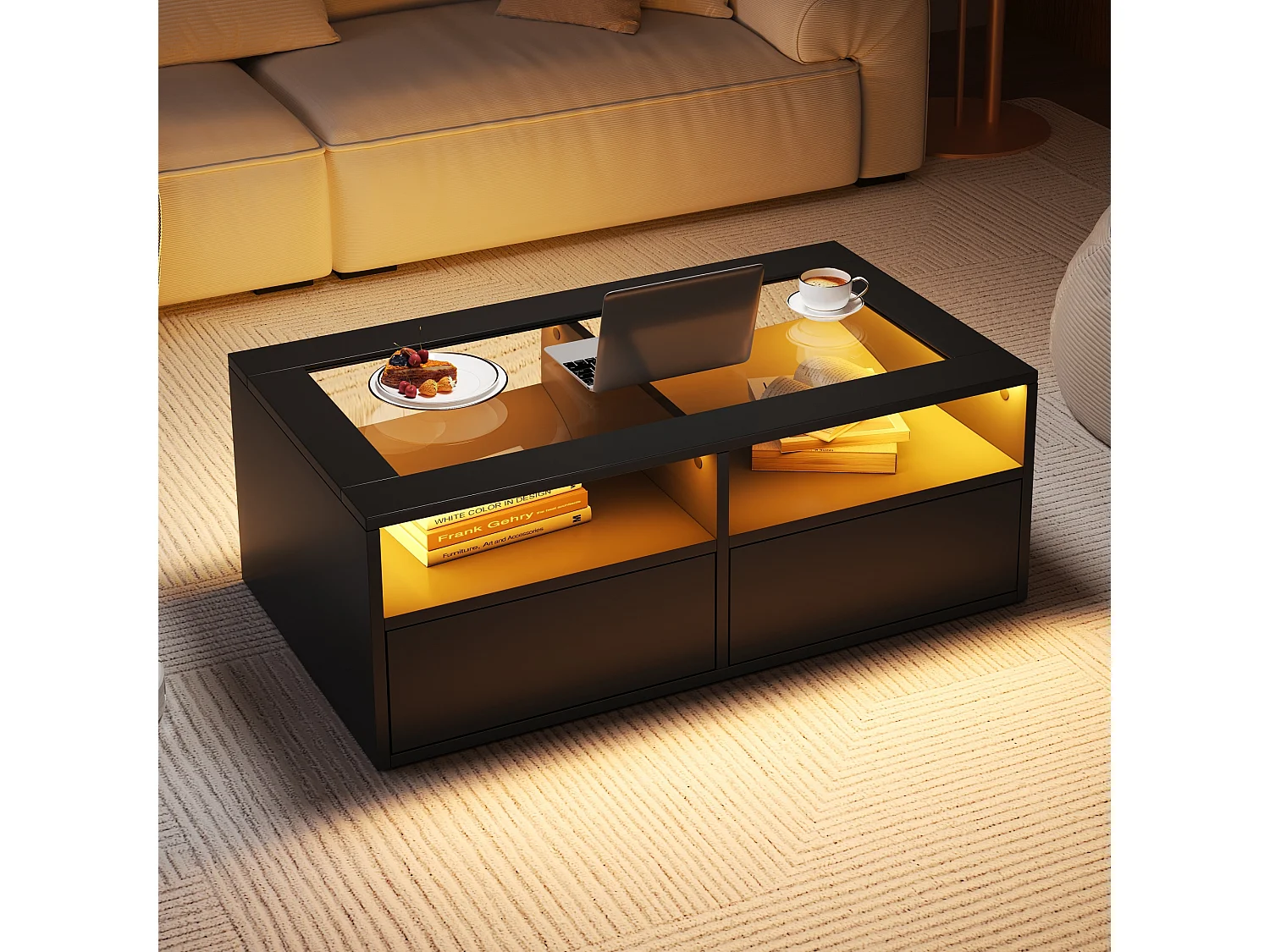 Couchtisch aus Glas – 100 x 50 x 35 cm – mit LED-Beleuchtung und 2 Schubladen – doppelte Tischplatte aus Glas und Spanplatte – schwarz