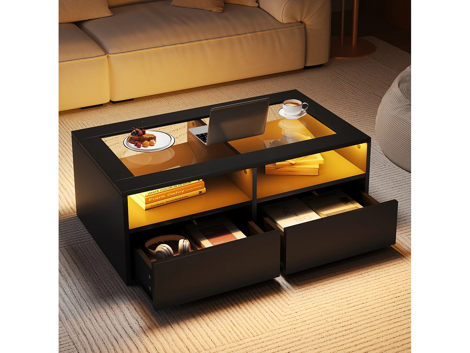 Couchtisch aus Glas – 100 x 50 x 35 cm – mit LED-Beleuchtung und 2 Schubladen – doppelte Tischplatte aus Glas und Spanplatte – schwarz