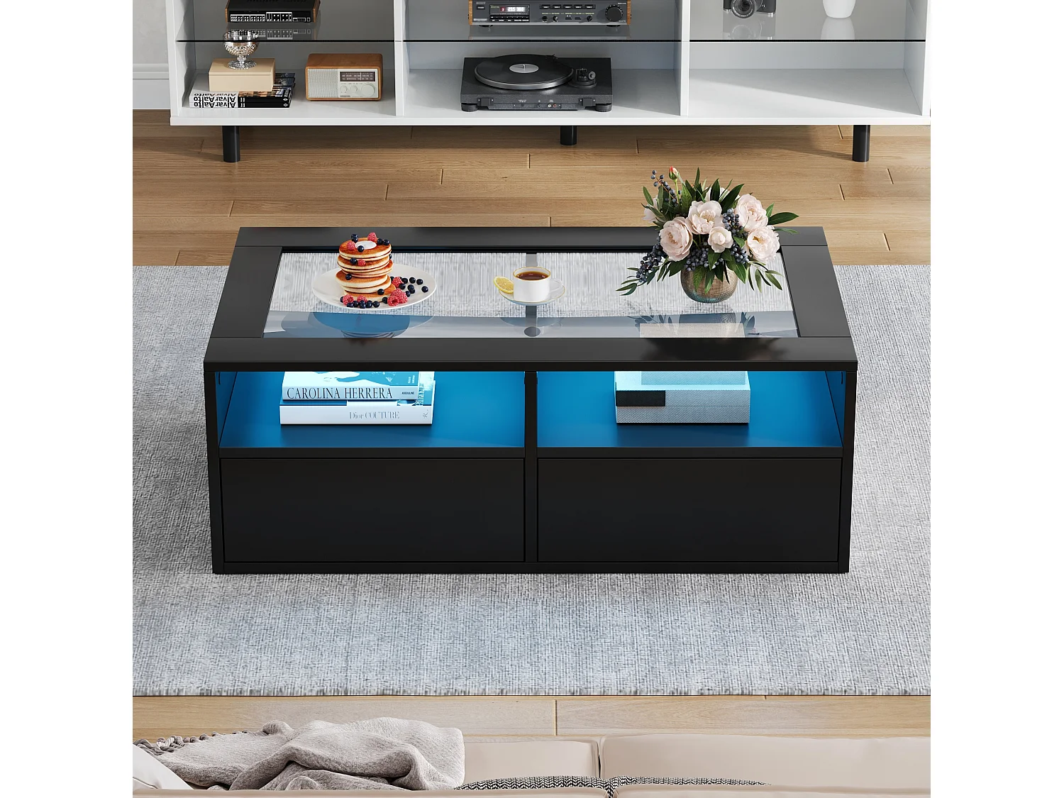 Couchtisch aus Glas – 100 x 50 x 35 cm – mit LED-Beleuchtung und 2 Schubladen – doppelte Tischplatte aus Glas und Spanplatte – schwarz