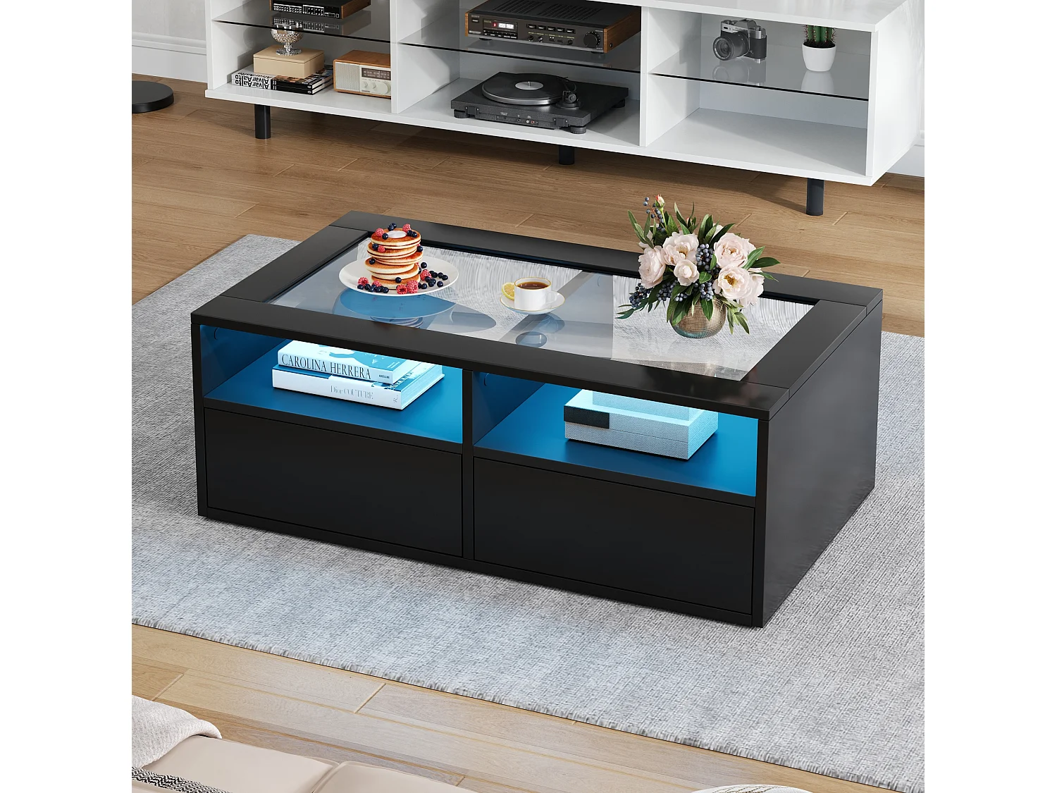 Couchtisch aus Glas – 100 x 50 x 35 cm – mit LED-Beleuchtung und 2 Schubladen – doppelte Tischplatte aus Glas und Spanplatte – schwarz