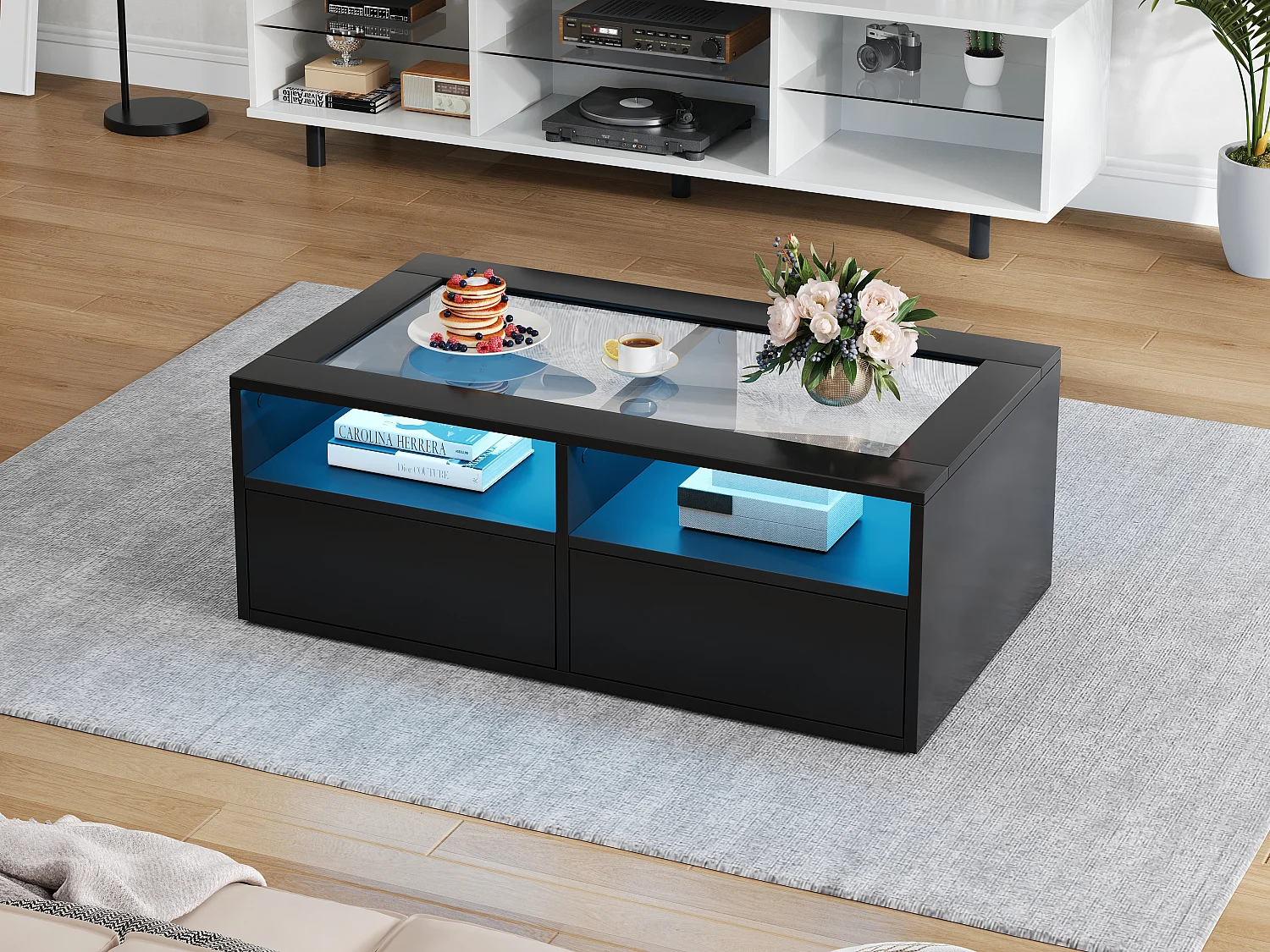 Couchtisch aus Glas – 100 x 50 x 35 cm – mit LED-Beleuchtung und 2 Schubladen – doppelte Tischplatte aus Glas und Spanplatte – schwarz