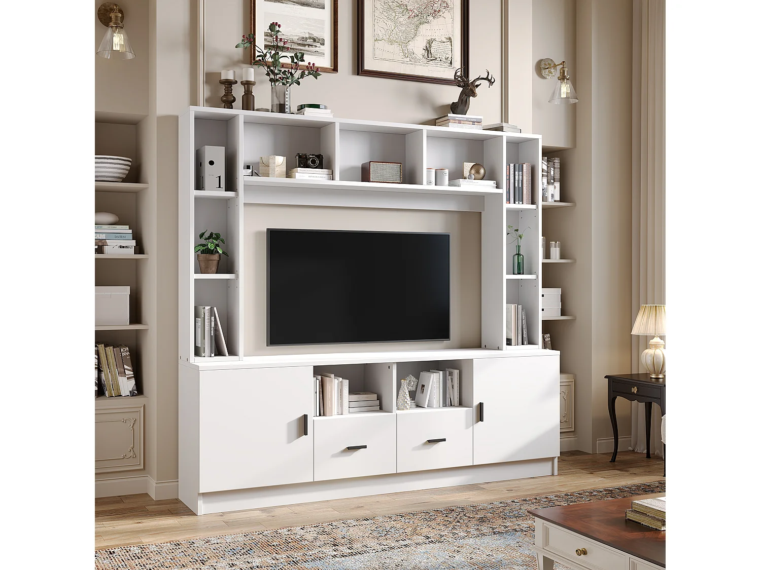 Ensemble meuble TV mural - 180 x 35 x 170 cm - avec vitrine + 2 portes + étagères + 2 tiroirs - aggloméré - blanc