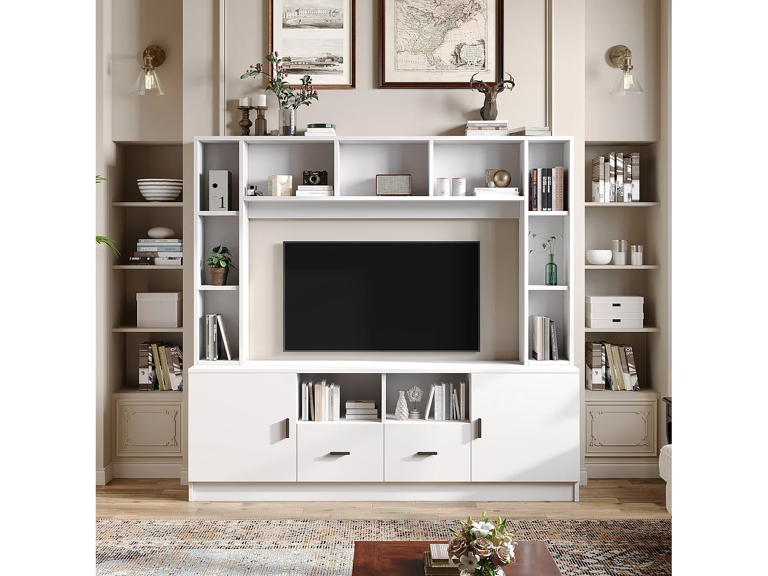 Ensemble meuble TV mural - 180 x 35 x 170 cm - avec vitrine + 2 portes + étagères + 2 tiroirs - aggloméré - blanc