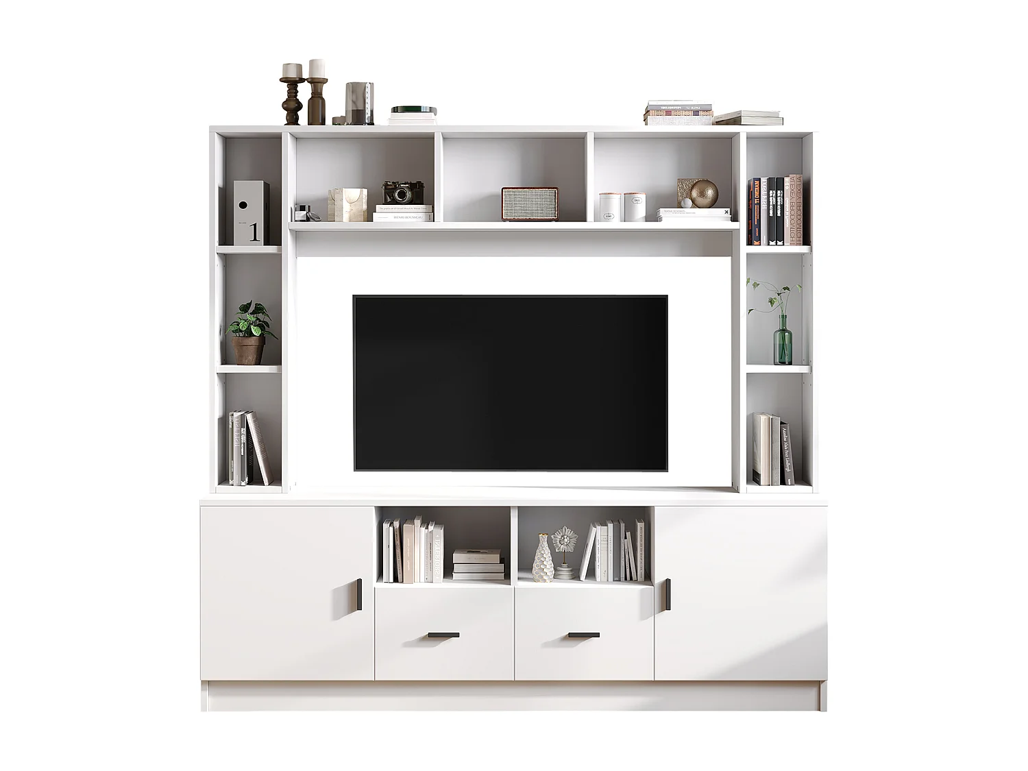 Ensemble meuble TV mural - 180 x 35 x 170 cm - avec vitrine + 2 portes + étagères + 2 tiroirs - aggloméré - blanc