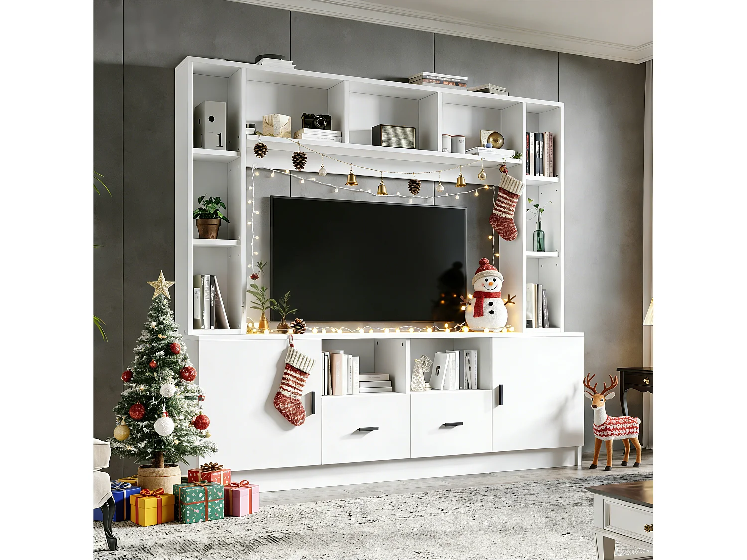 Ensemble meuble TV mural - 180 x 35 x 170 cm - avec vitrine + 2 portes + étagères + 2 tiroirs - aggloméré - blanc